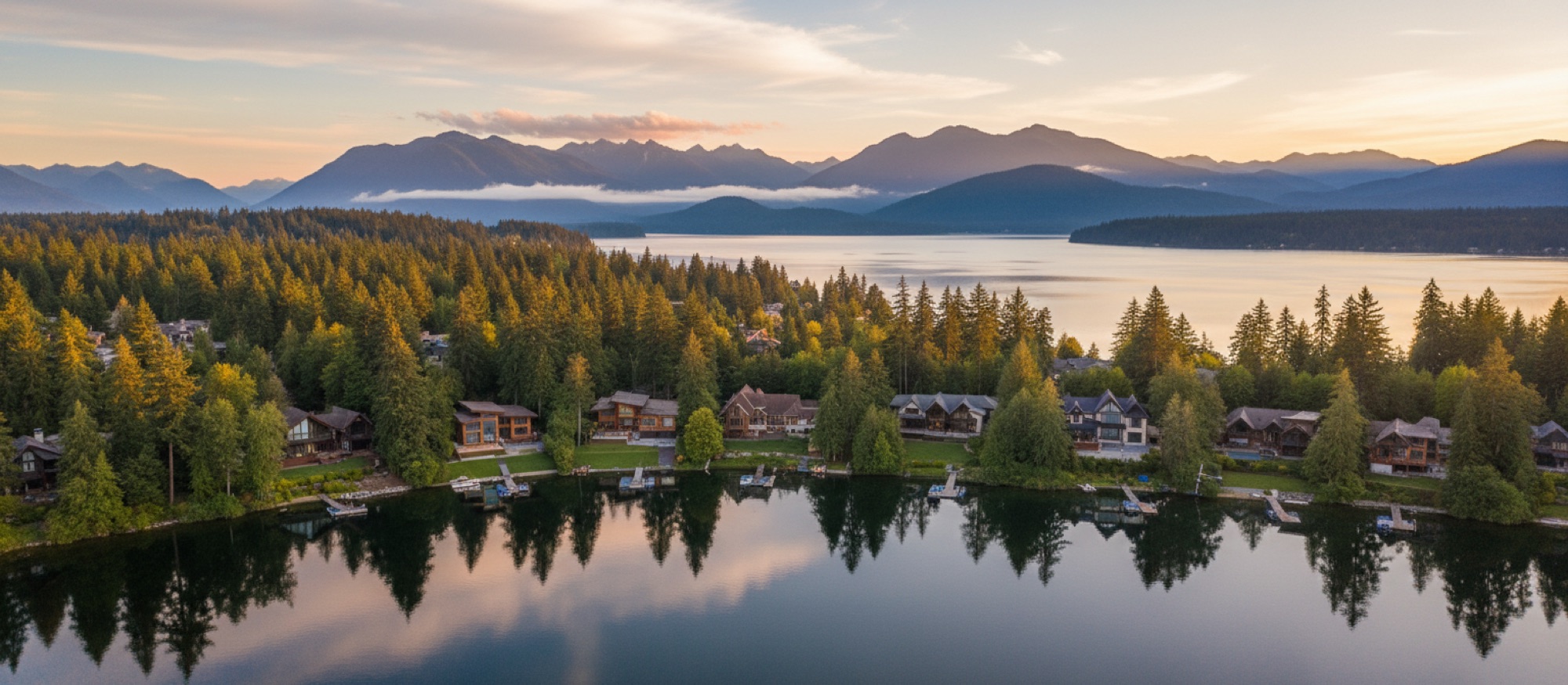 Lakeside homes among evergreen forest and mountains in Washington State